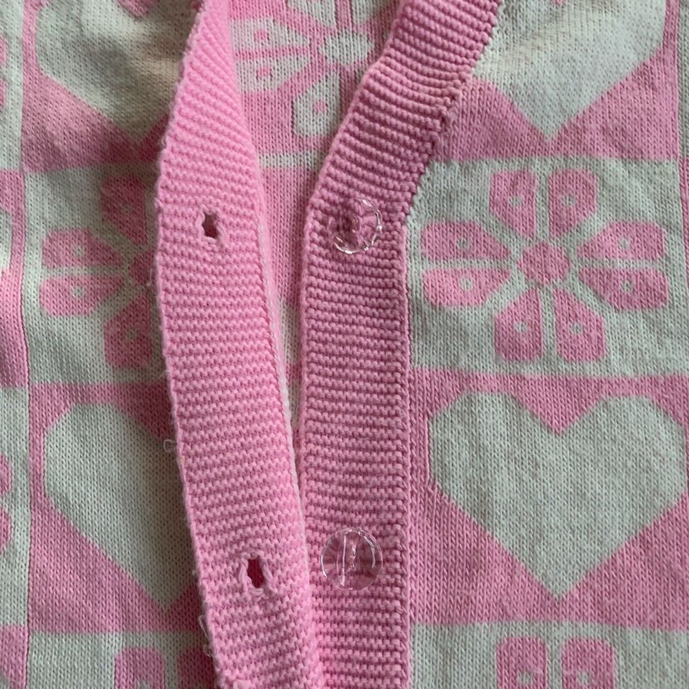 Pink White Block Heart Flower Vintage Cardigan Block Pattern Chest 44 - Picture 2 of 9